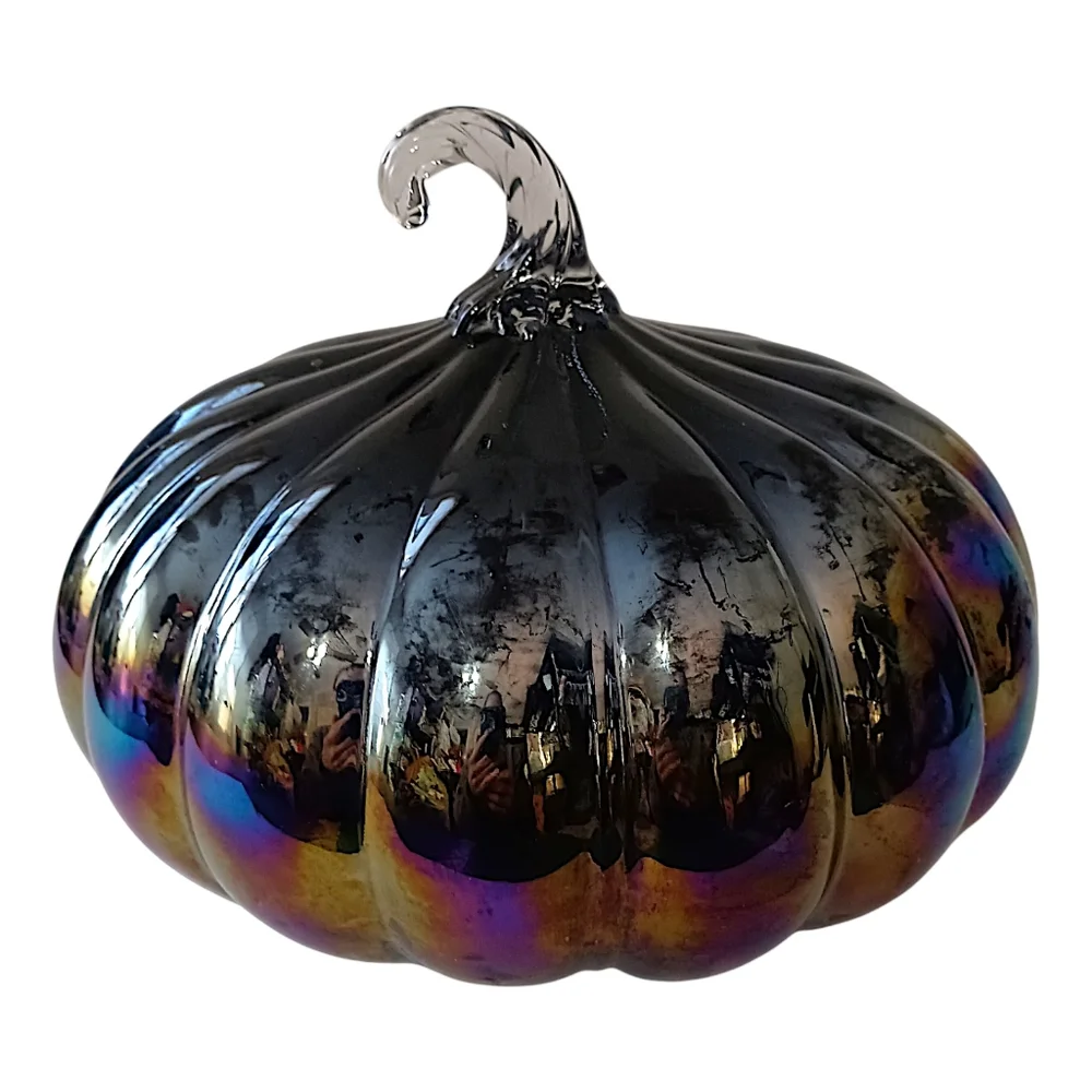 Glass Iridescent Halloween Pumpkin Carnival Hand Blown Stem Purple Black Harvest